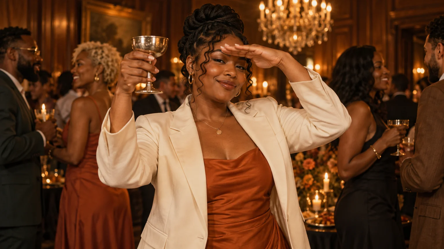 Fictional woman in a cream blazer holding a drink glass and shading her eyes at a chandelier-lit party
