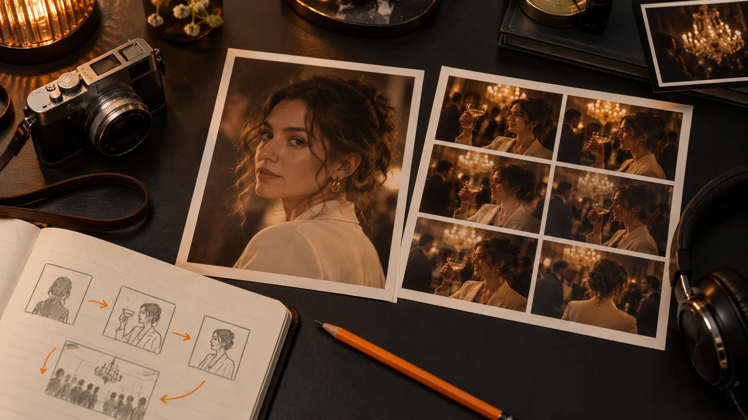 Portrait print and party-scene contact sheet on a dark editing desk with a camera, notebook and headphones