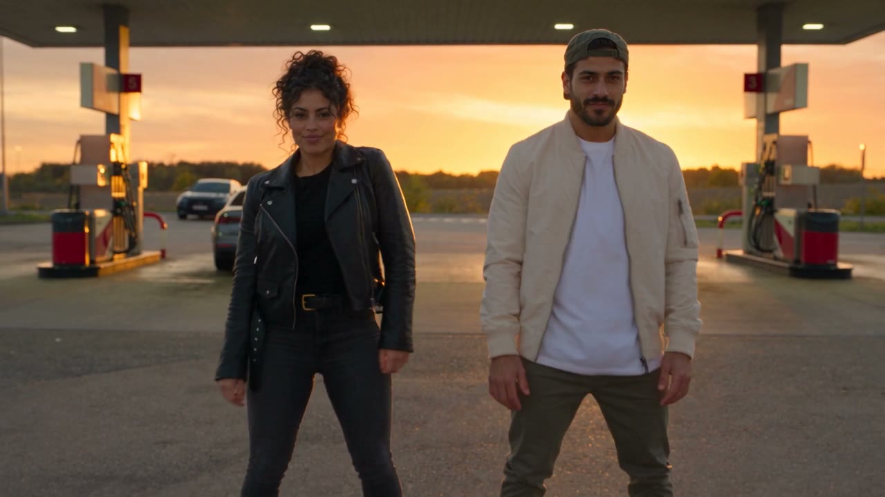 Two fictional adults dancing beneath gas station canopy lights at sunset