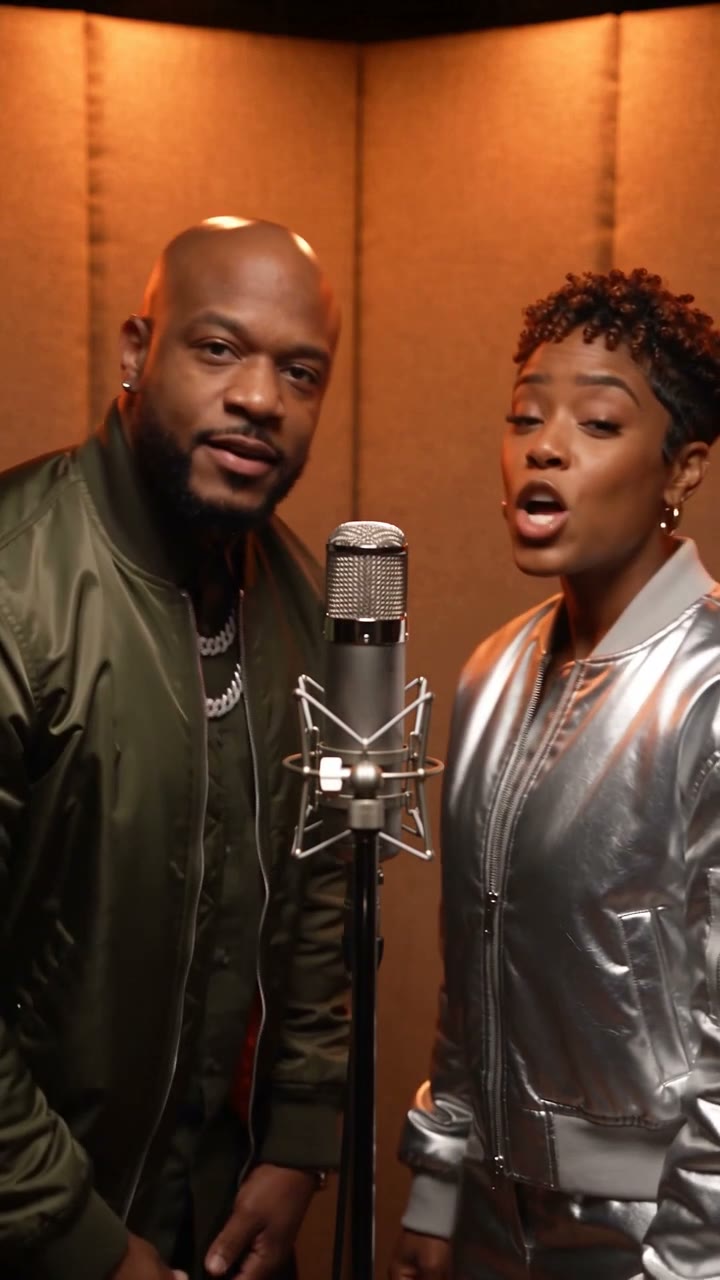 Frame at five seconds from the original generated orange-booth rap duet with two fictional adult performers