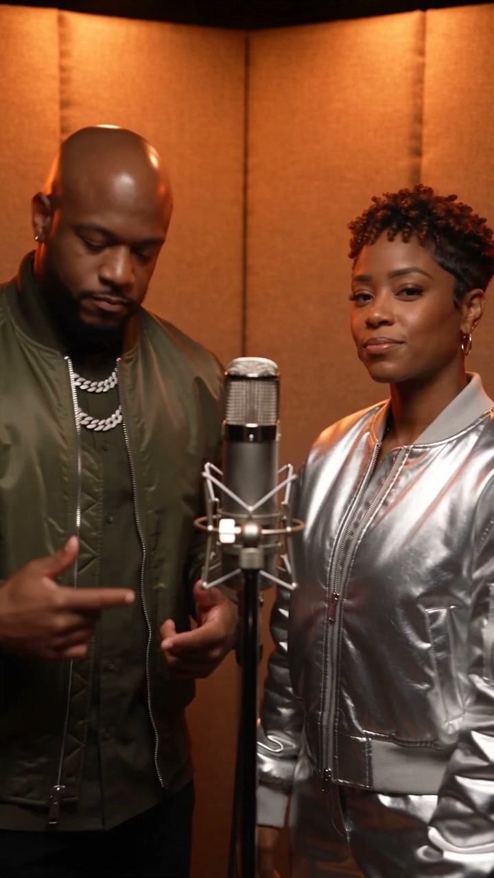 Two original fictional rappers in emerald and silver jackets performing around an orange-booth microphone