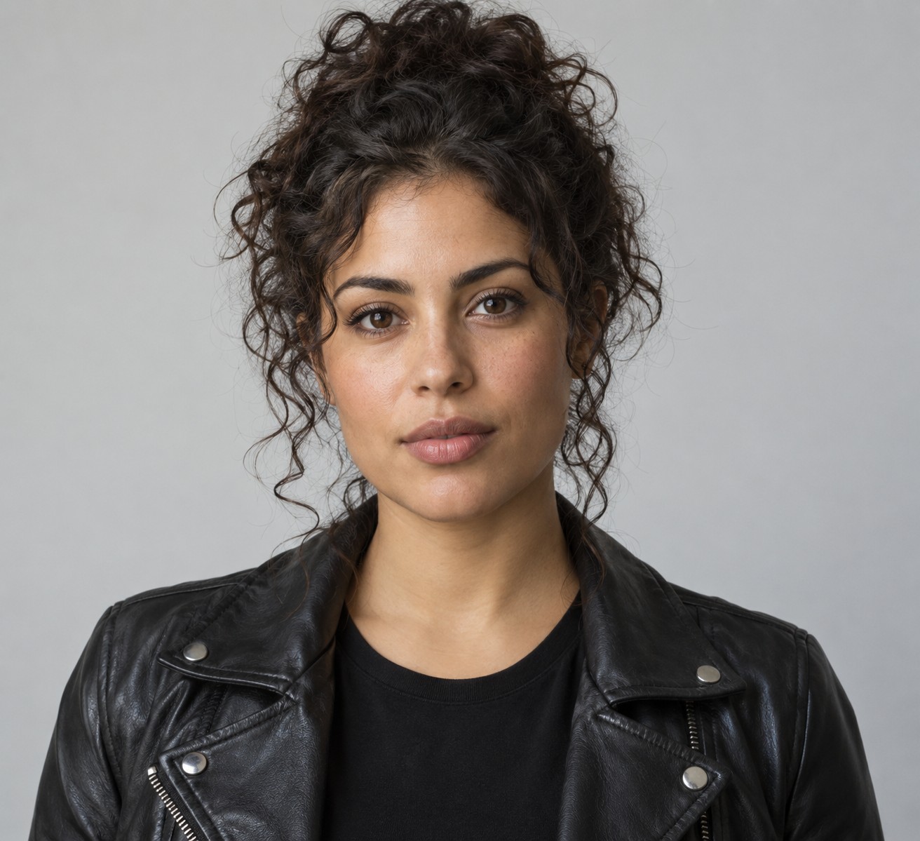Fictional adult woman with curly hair and a black jacket, the left reference for the Hotel Lobby duet