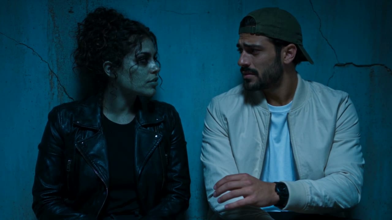 Two fictional adult companions in a gentle zombie costume memory scene, with no graphic violence